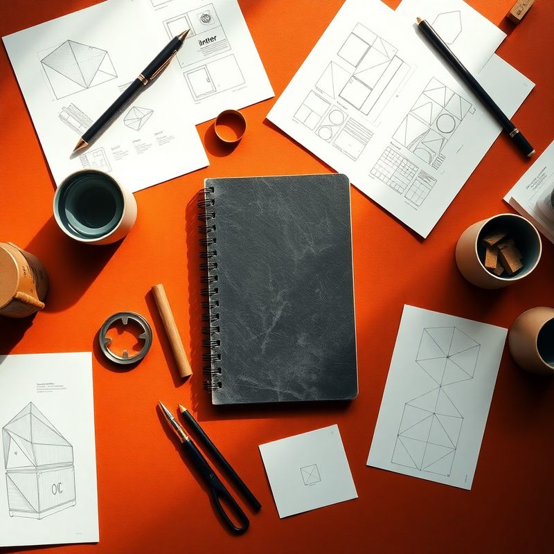 Flat-lay dall'alto di una scrivania da progetto con appunti, wireframe e strumenti geometrici